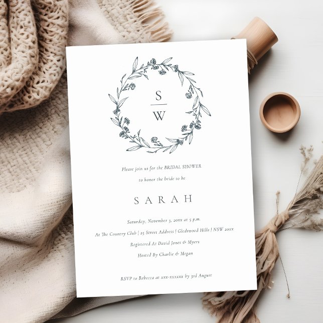 Floral Laurel Wreath Monogram Bridal Shower Invite (Creator Uploaded)