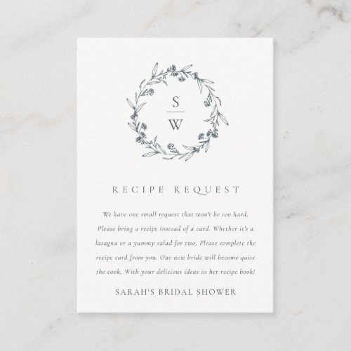 Floral Laurel Wreath Monogram Recipe for Bride Enclosure Card
