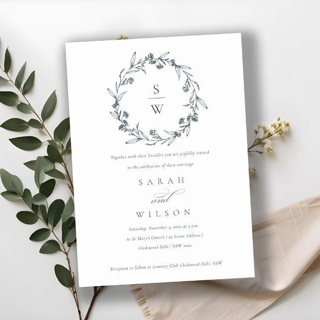 Floral Laurel Wreath Monogram Wedding Invite (Creator Uploaded)