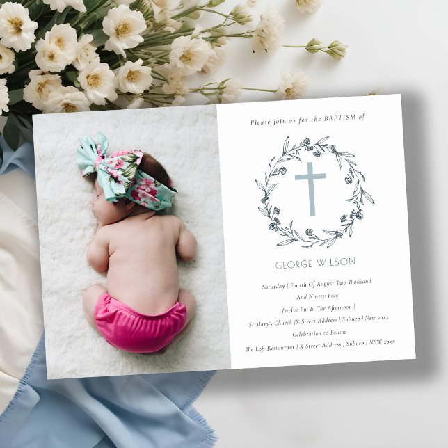 Floral Laurel Wreath Photo Cross Baptism Invite (Creator Uploaded)