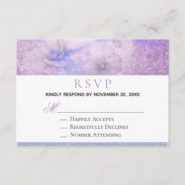 ~ Floral Lavender Blue Glitter Elegant  RSVP Enclosure Card (Front)