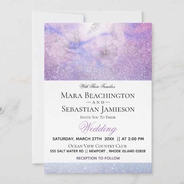~ Floral Lavender Blue Glitter Elegant Wedding Invitation (Front)