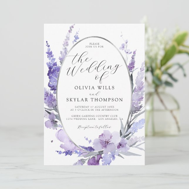 Floral Lavender Botanical Silver Frame Wedding  Invitation (Standing Front)