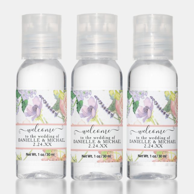 Floral Lavender Dusty Pink Roses Hydrangea Wedding Hand Sanitizer (Set)