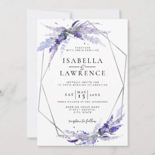 Floral Lavender Flowers Purple Silver Wedding Invitation