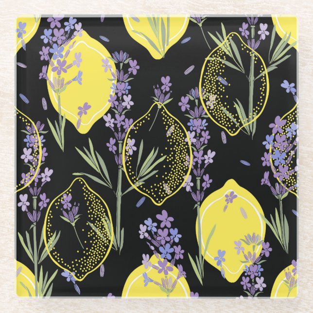 Floral Lavender Lemons Vintage Illustration Glass Coaster (Front)