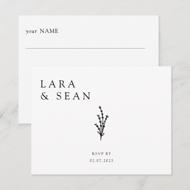 Floral Lavender Modern Minimalist Black and White RSVP Card (Front/Back)