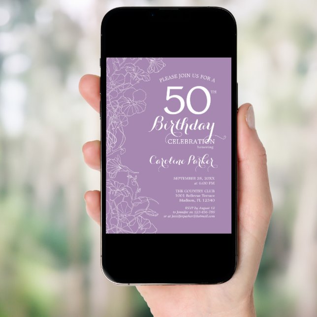 Floral Lavender Purple Photo 50th Birthday Party Invitation (Front Digital)