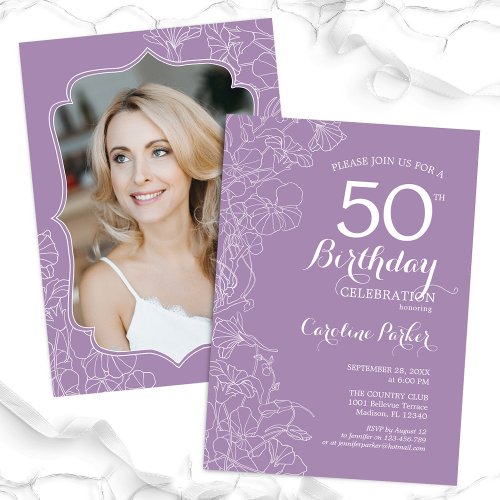 Floral Lavender Purple Photo 50th Birthday Party Invitation