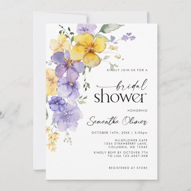 Floral Lavender Purple Yellow Golden Wedding Invitation (Front)