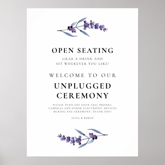 Floral Lavender Unplugged Ceremony & Open Seating Poster (Front)
