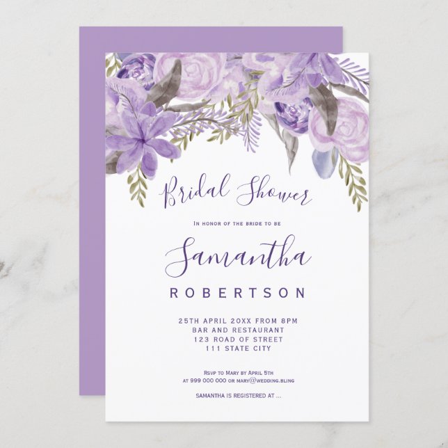 Floral lavender watercolor chic bridal shower invitation (Front/Back)