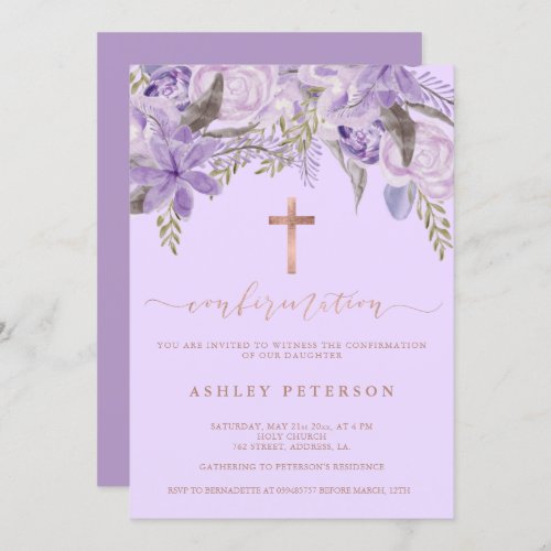 floral lavender watercolor Rose gold confirmation Invitation