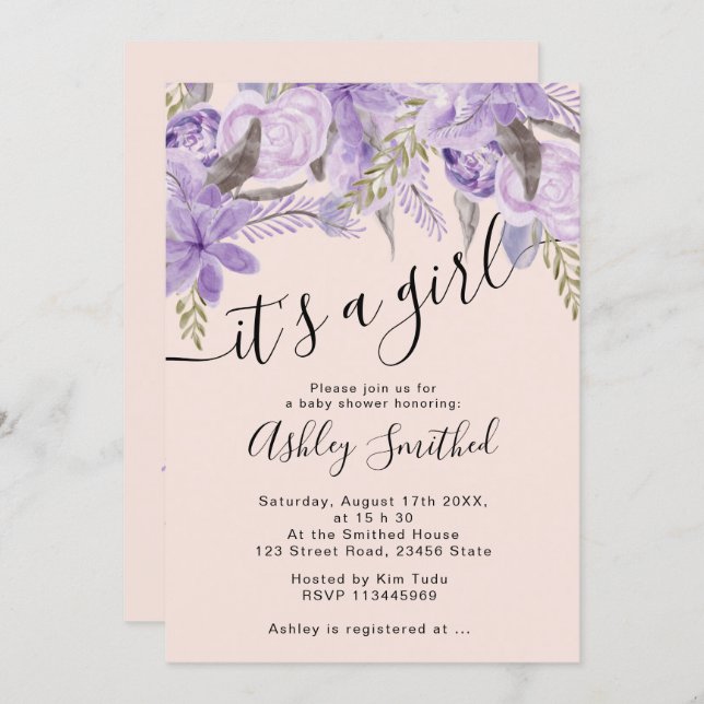 Floral lavender watercolor script baby shower invitation (Front/Back)