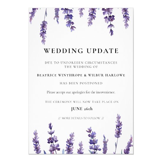 Floral lavender wedding update announcement
