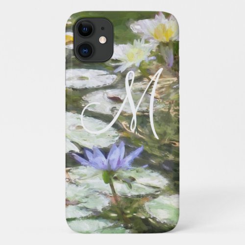 Floral Lavender White Water Lilies Monogram iPhone 11 Case
