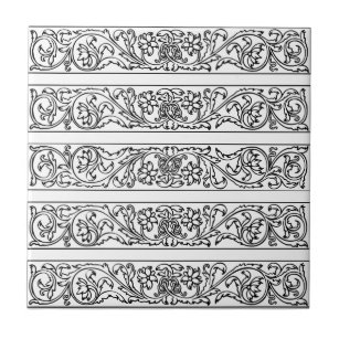 Floral Leaf Damask Black White Scroll Pattern Ceramic Tile