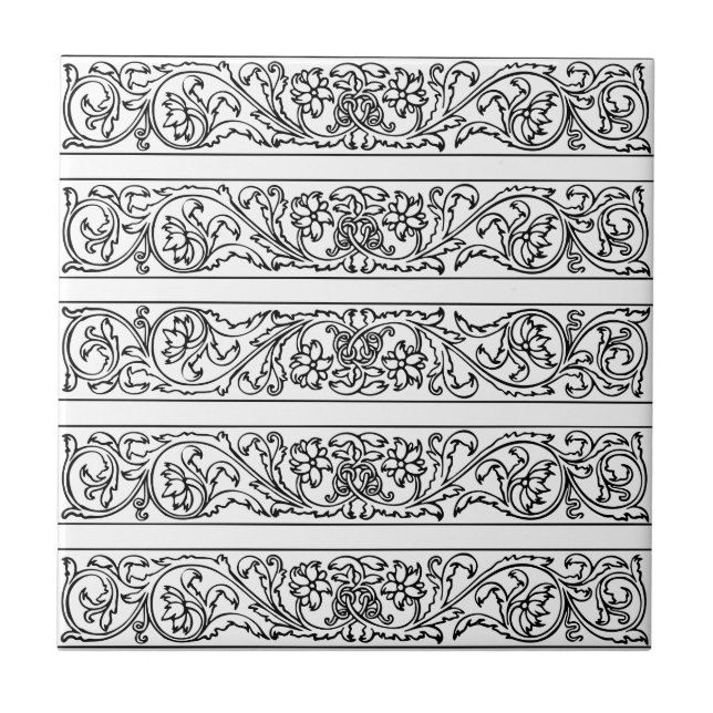 Floral Leaf Damask Black White Scroll Pattern Ceramic Tile (Front)