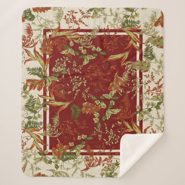 Floral Leaf Red Orange Green Cream Throw Blanket (Front)