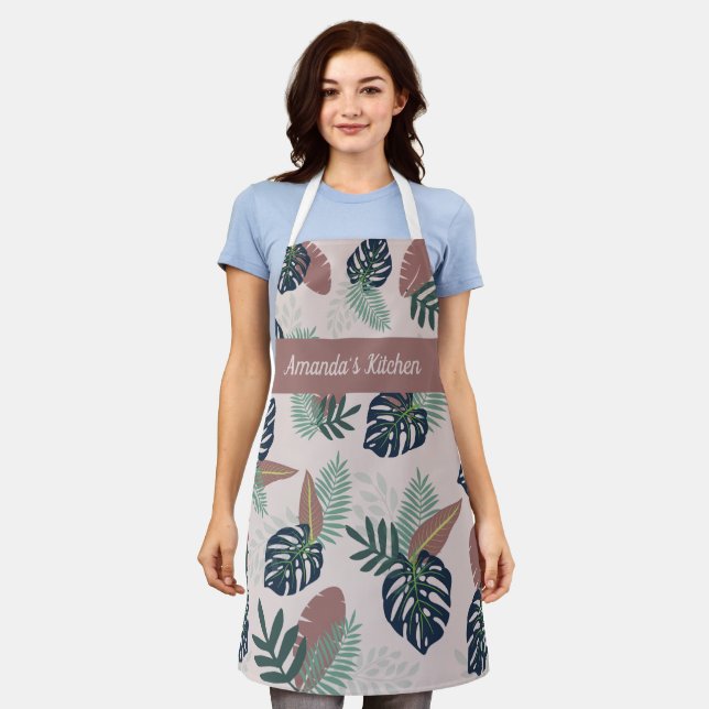 Floral Leaf with Purple Background  Apron, Medium Apron (Worn)