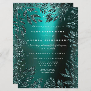 Floral Leafs Framed Glitter Teal Aquatic Formal Invitation