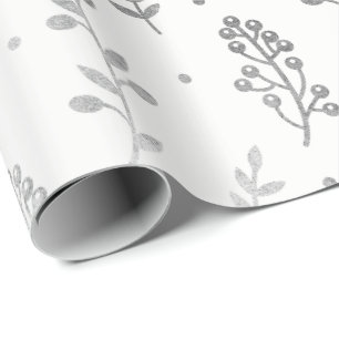 Floral Leafs Metallic White Silver Gray Delicate Wrapping Paper