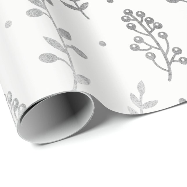 Floral Leafs Metallic White Silver Gray Delicate Wrapping Paper (Roll Corner)