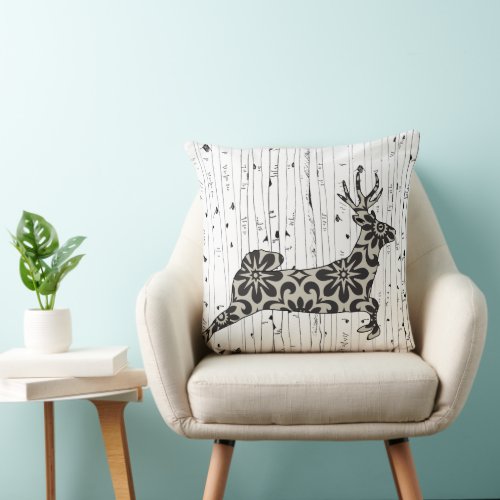 Floral Leaping Deer Among the Birch Tree Pillow