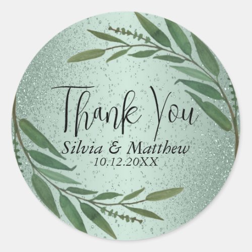 Floral Leaves and Mint Green Glitter _ Thank You  Classic Round Sticker