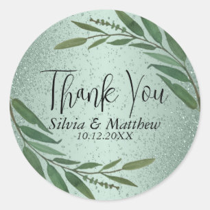 Floral Leaves and Mint Green Glitter - Thank You Classic Round Sticker