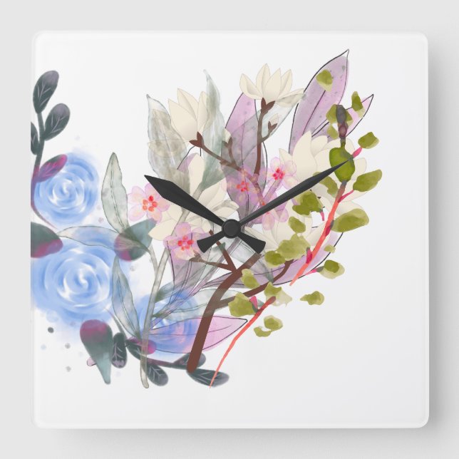 Floral Leaves Art – Elegant Flowers and Botanical Square Wall Clock (Front)
