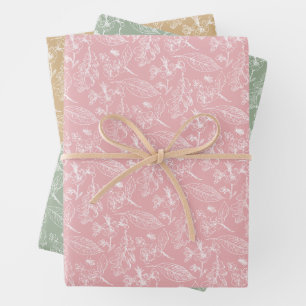 Floral Leaves Art Pattern On Pink Sage Green Beige Wrapping Paper Sheets