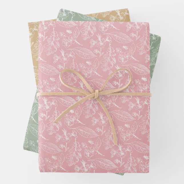 Floral Leaves Art Pattern On Pink Sage Green Beige Wrapping Paper ...