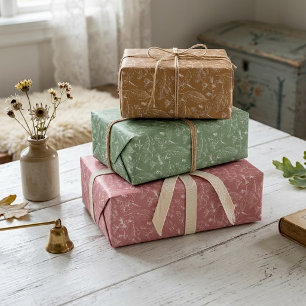 Floral Leaves Art Pattern On Pink Sage Green Brown Wrapping Paper Sheets
