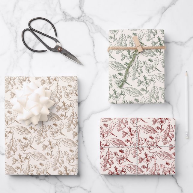 Floral Leaves Art Pattern On Red Sage Green Beige Wrapping Paper Sheets (Front)
