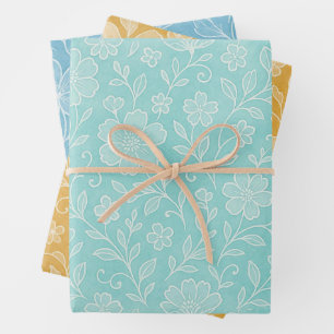 Floral Leaves Art Pattern On Turquoise Blue Yellow Wrapping Paper Sheets