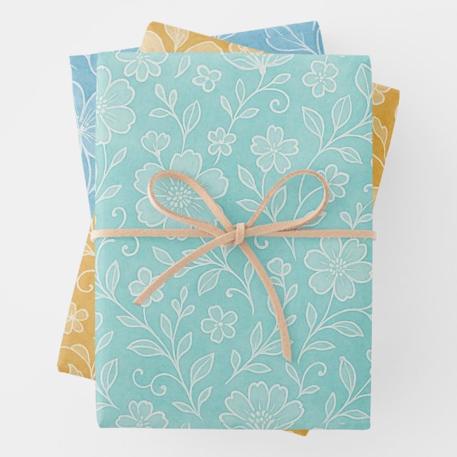 Floral Leaves Art Pattern On Turquoise Blue Yellow Wrapping Paper Sheets (In situ)