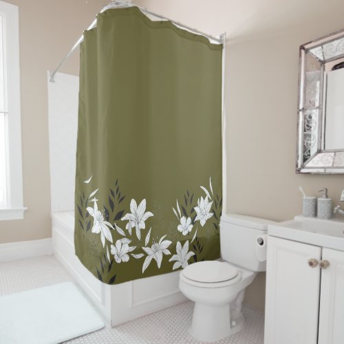 Floral Leaves Modern Boho Illustration Olive Shower Curtain