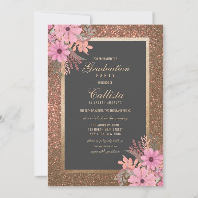 Floral Leaves Watercolor Glitter Graduation Invitation (Front)