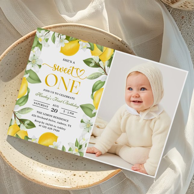 Floral Lemon Citrus 1st Birthday Photo Invitation (Creator Uploaded)