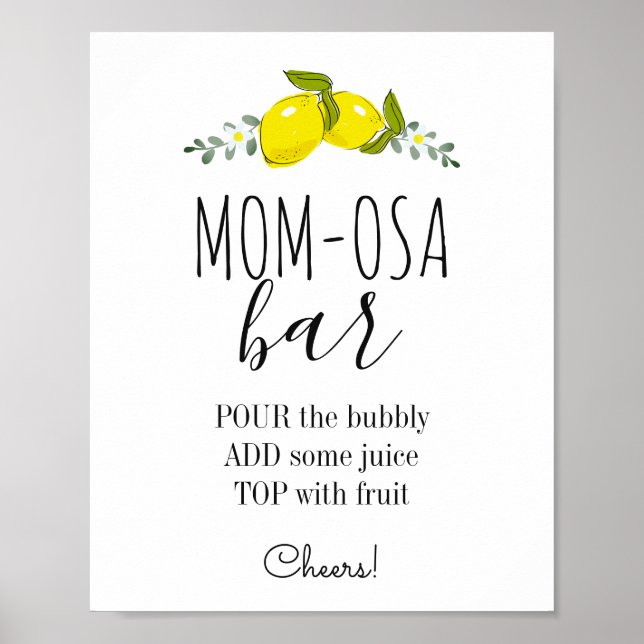 Floral Lemon Citrus Baby Shower Mom-osa Bar Poster (Front)