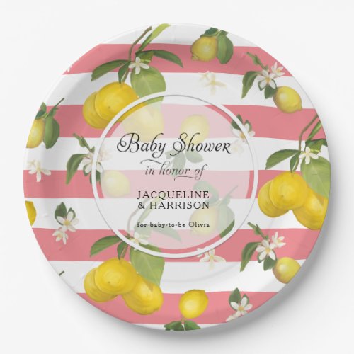 Floral Lemon Citrus Foliage Pink n White Stripe Paper Plates