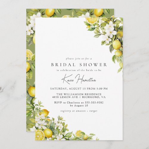 Floral Lemon  Elegant Yellow Green Bridal Shower Invitation