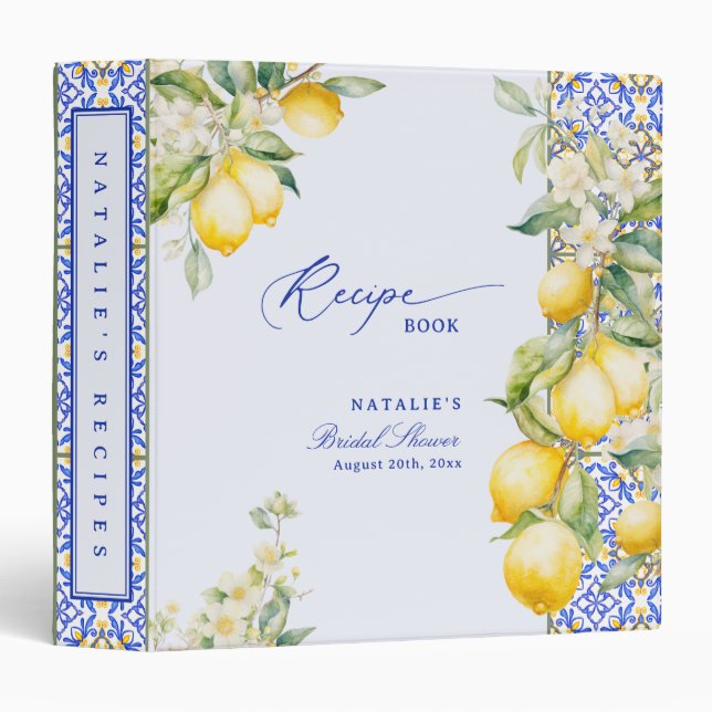 Floral Lemon Mediterranean Bridal Shower Recipe 3 Ring Binder (Front/Spine)