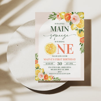 Floral Lemon Orange Our Main Squeeze 1st Birthday  Invitation by Sugar_Puff_Kids at Zazzle