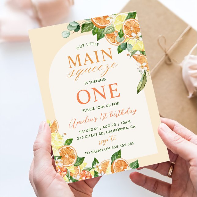 Floral Lemon Orange Our Main Squeeze 1st Birthday Invitation (Creator Uploaded)