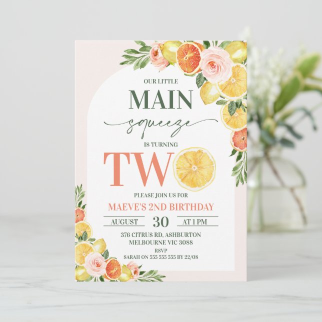 Floral Lemon Orange Our Main Squeeze 2nd Birthday  Invitation (Standing Front)