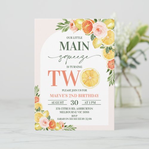 Floral Lemon Orange Our Main Squeeze 2nd Birthday  Invitation