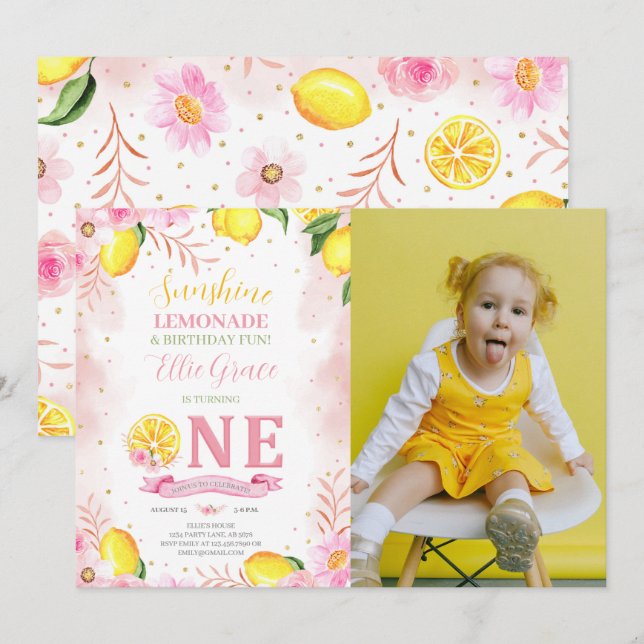 Floral Lemonade 1st Birthday Photo Invitation (Front/Back)