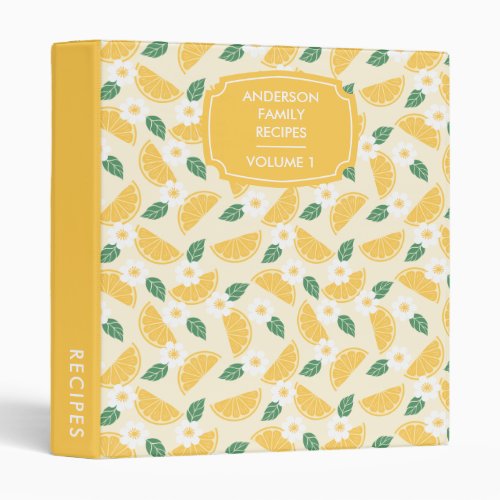 Floral Lemons Citrus Pattern Personalized Recipe 3 Ring Binder